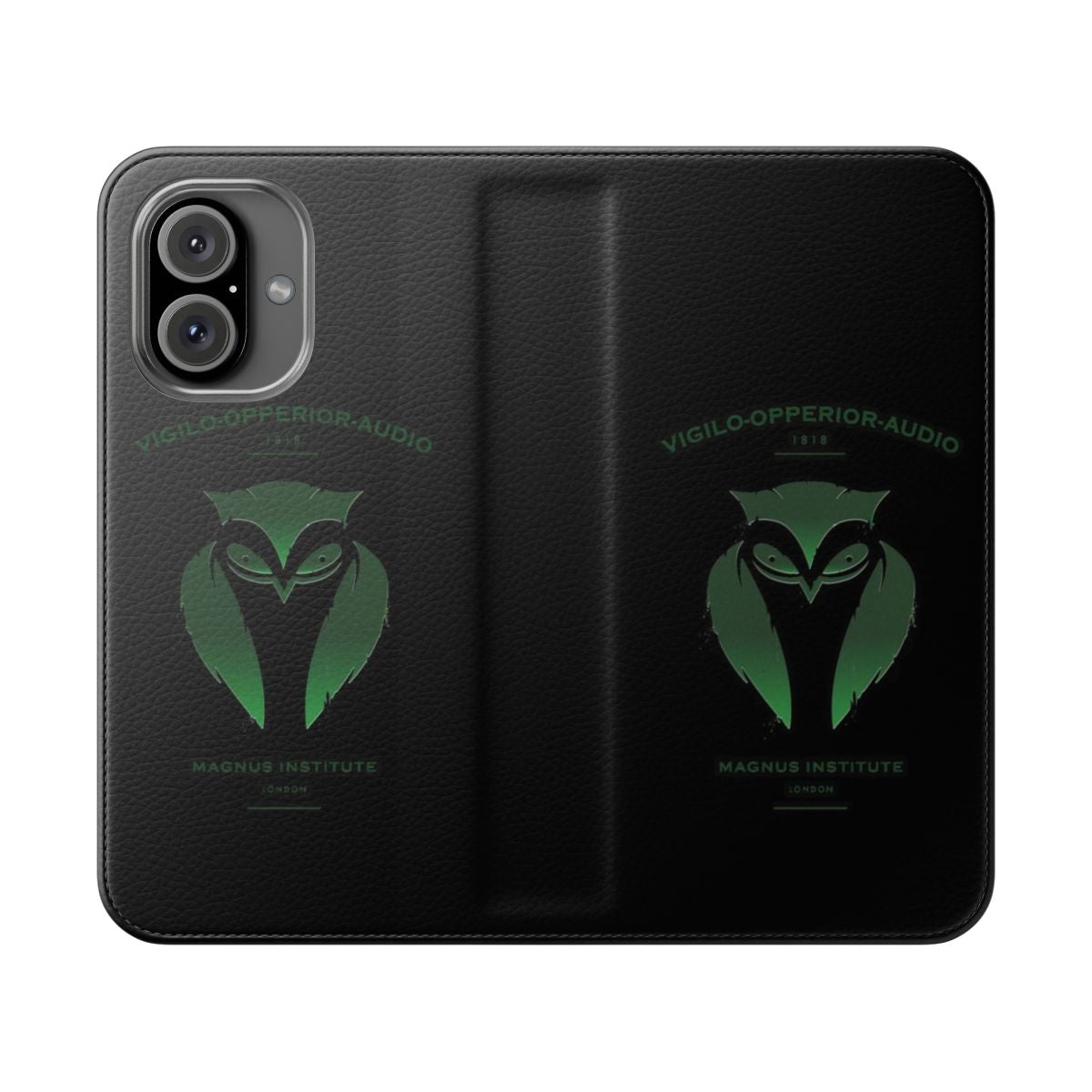 Flip cover phone case with a dark academic, spooky owl emblem design