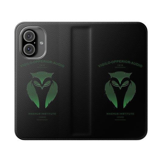 Flip cover phone case with a dark academic, spooky owl emblem design