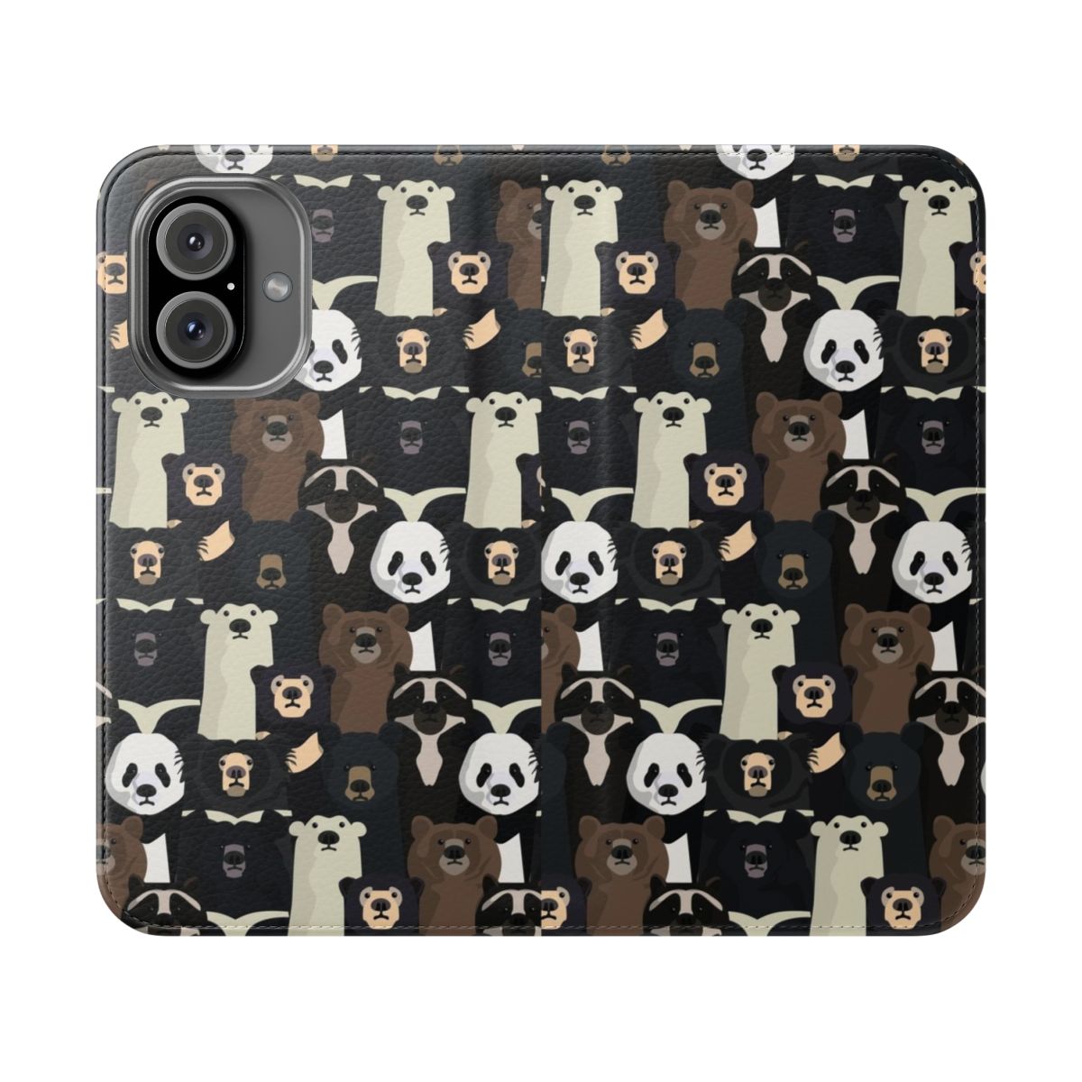 Colorful flip cover phone case featuring a vibrant pattern of various bear species and wildlife.