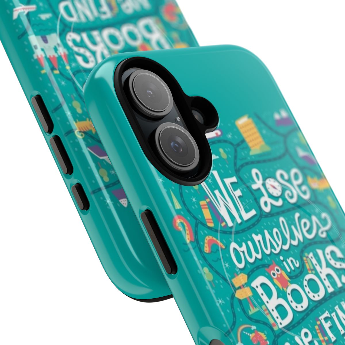 Magnetic phone case with a whimsical book-themed design featuring a unicorn and castle - Detail