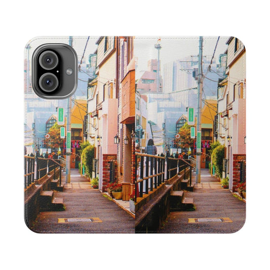 Flip phone case featuring a beautiful Japanese landscape with the sun shining over a city scene.