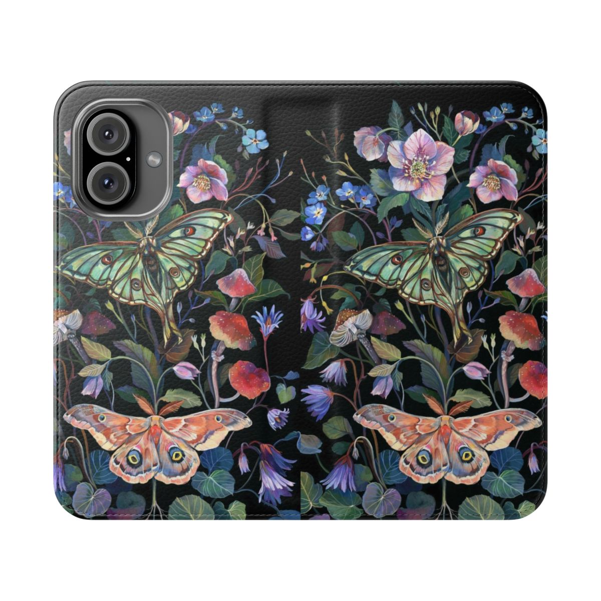 Flip cover phone case featuring a captivating moth illustration in a gouache painting style.