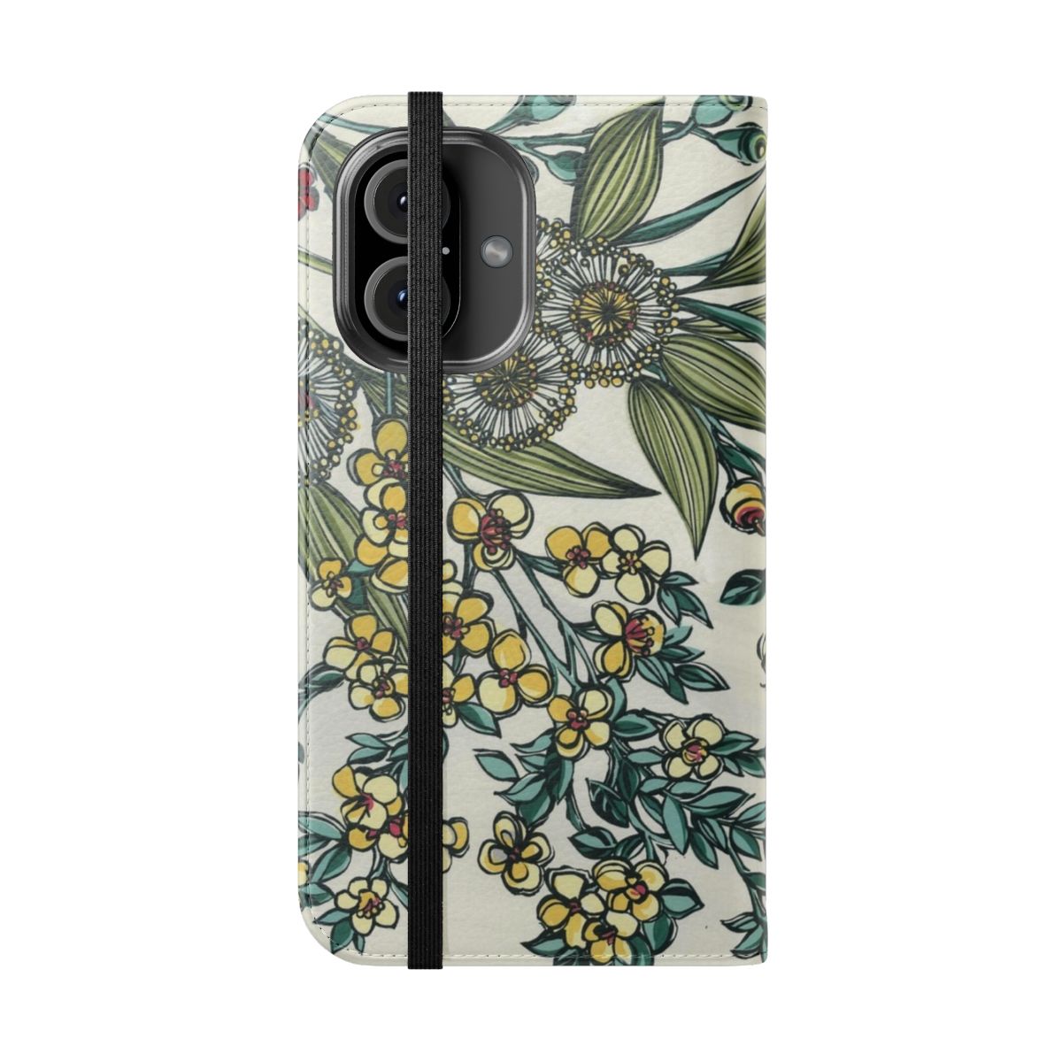 Handpainted retro phone case featuring Australian native flowers like wattle and gumflowers - Folded Front