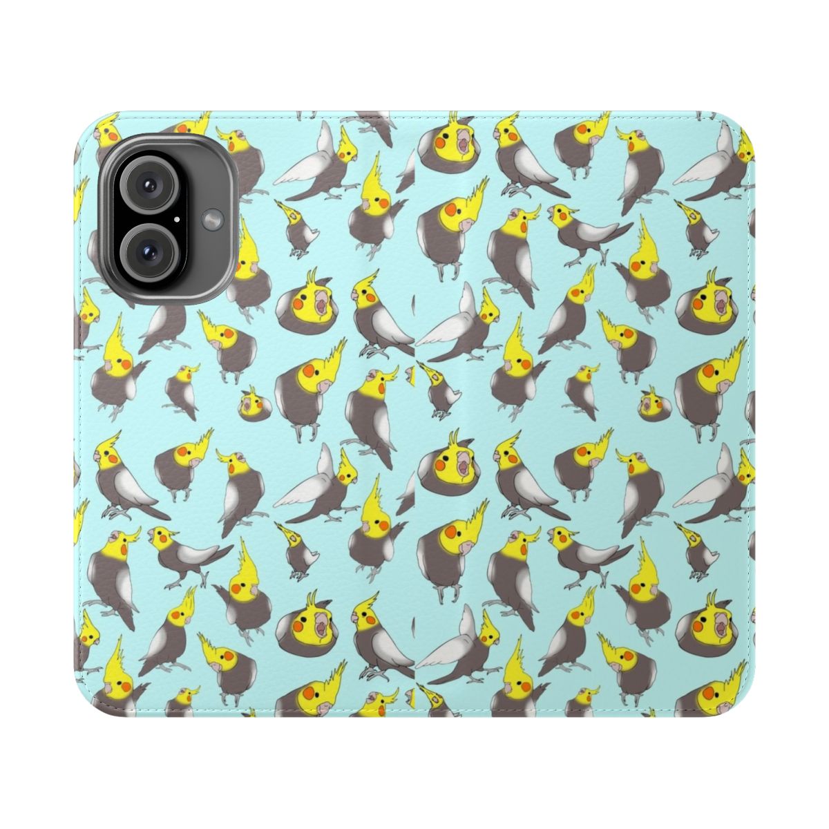 Colorful cockatiel doodle pattern on a phone case