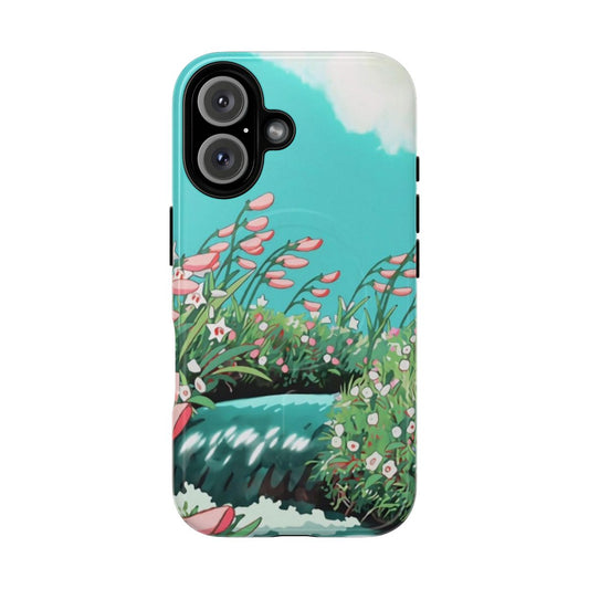 Anime-inspired phone case featuring a beautiful scenery with flowers, river, sky, clouds, and lighting