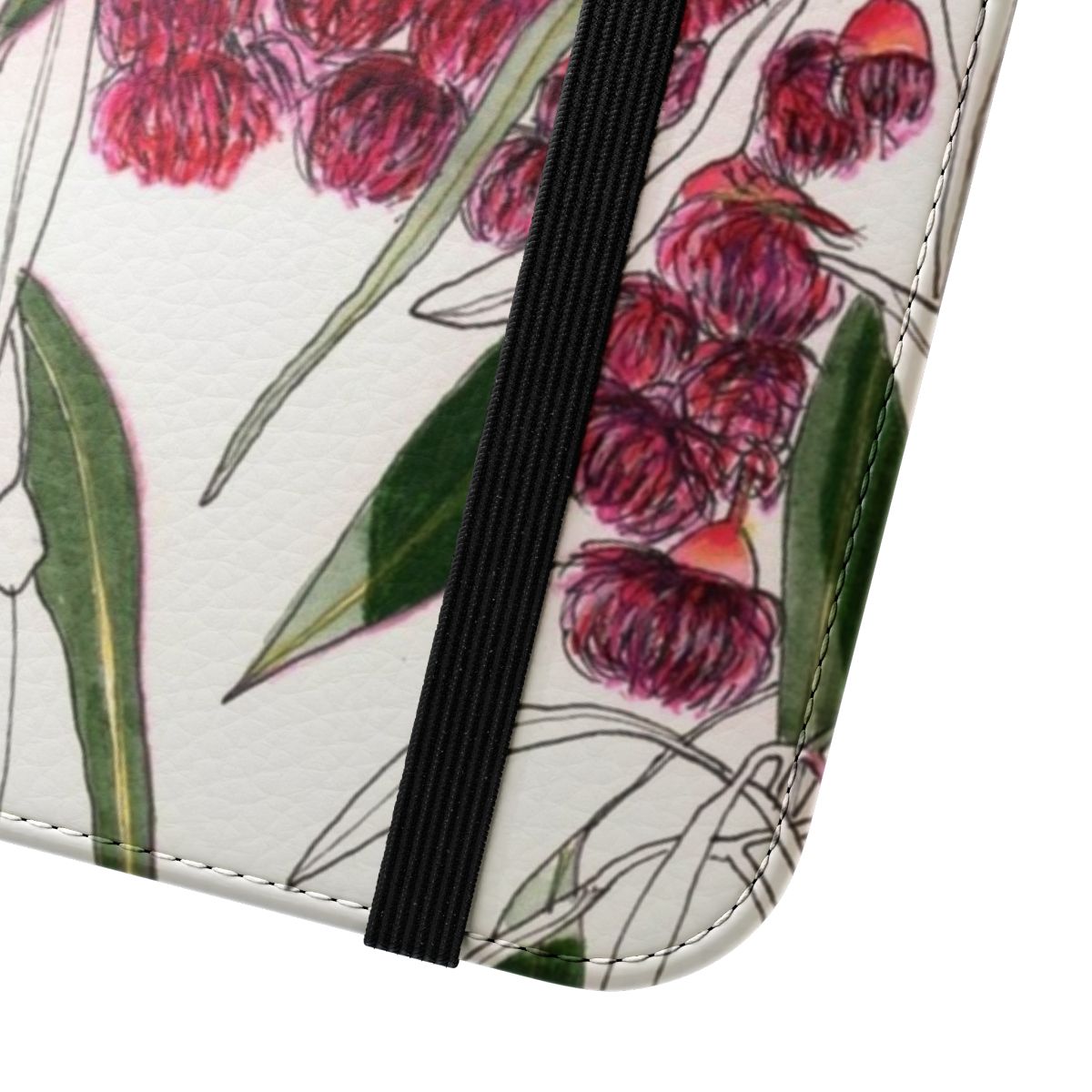 Colorful watercolor illustration of pink flowering gum and eucalyptus leaves on a phone case - Close Up