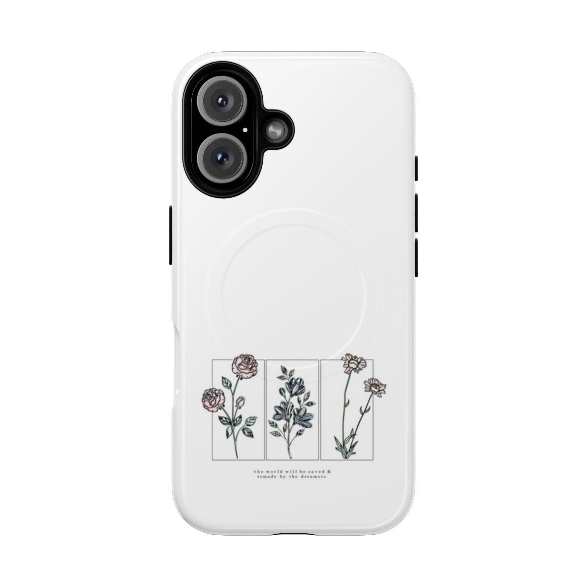 A tough magnetic phone case featuring a floral design and a quote from the Throne of Glass book series by Sarah J. Maas.