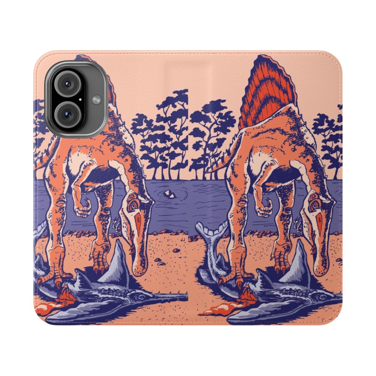 Illustration of a Spinosaurus, a prehistoric hunting dinosaur, on a phone case cover.