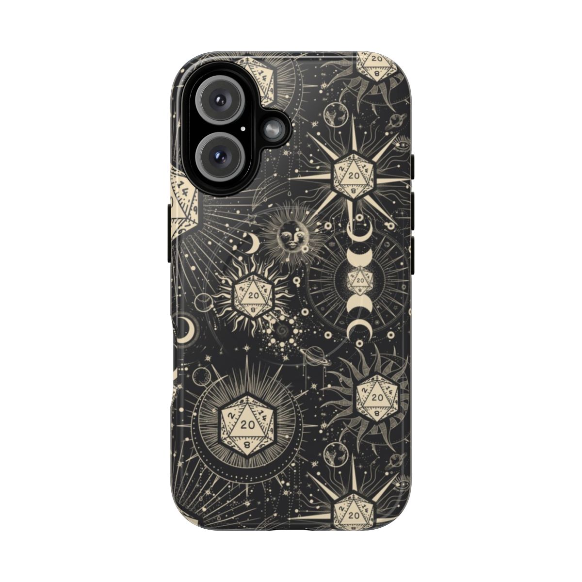 Cosmic and celestial-themed phone case with DnD d20 dice and star pattern design