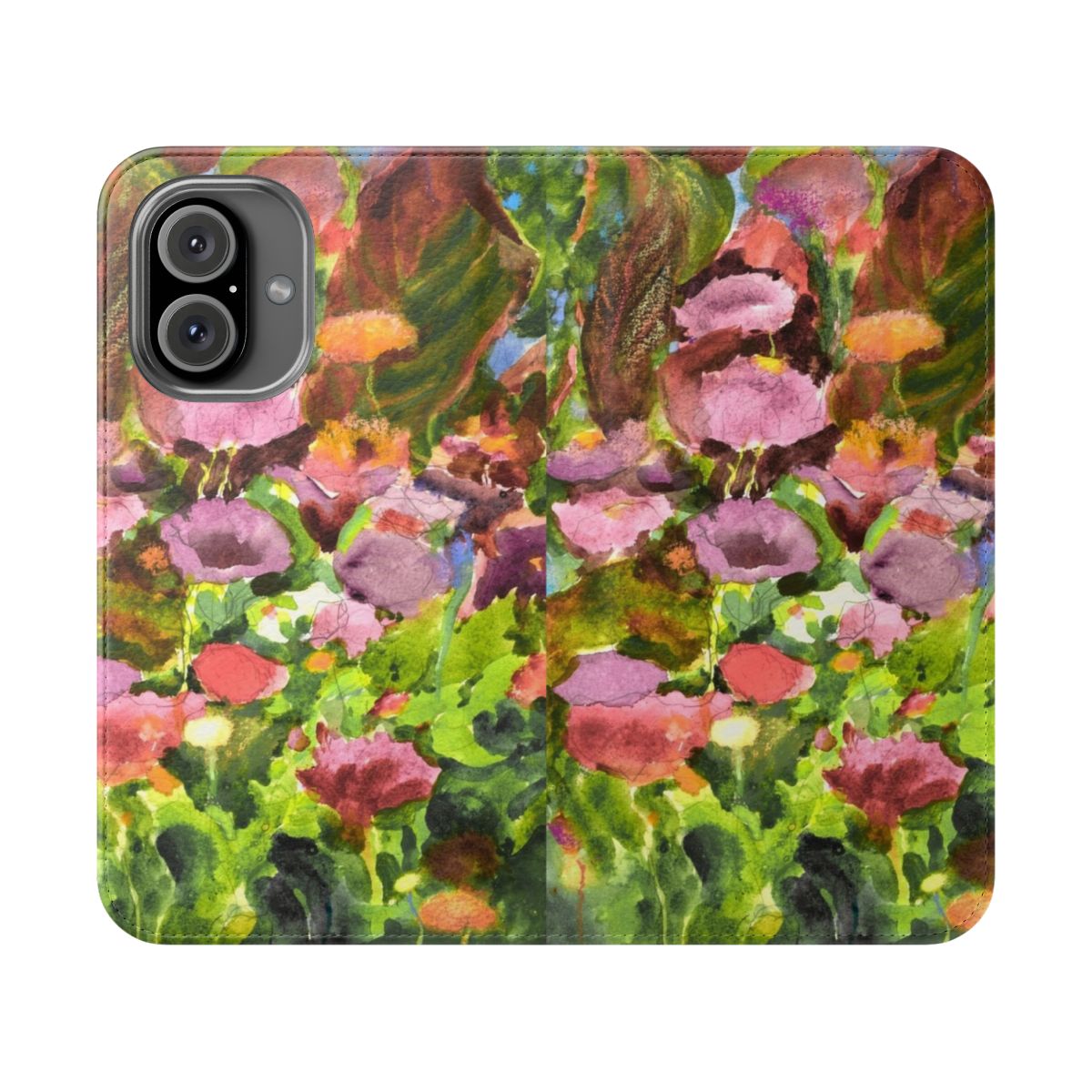 Colorful phone case with a vibrant floral garden design