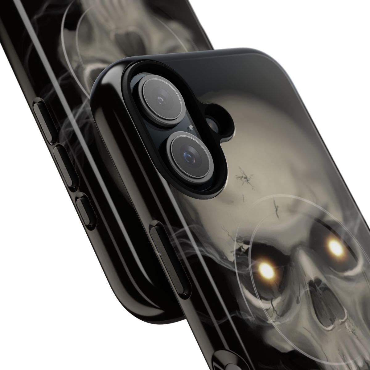 Dark themed phone case featuring a skull with smoke eyes - Detail