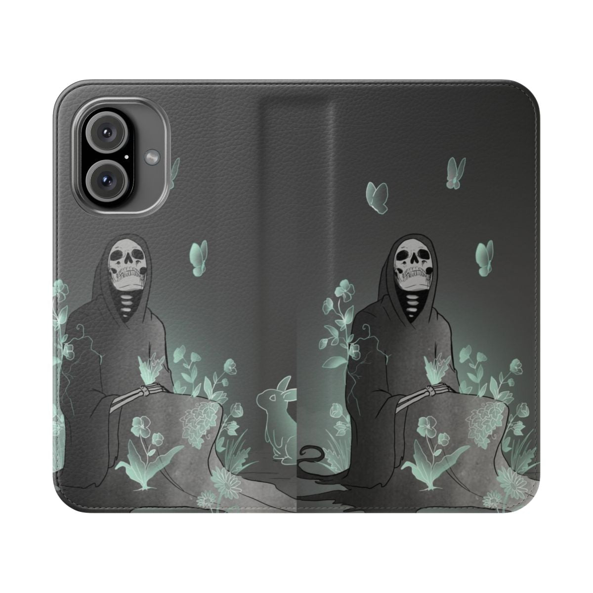 Grim reaper-themed flip cover phone case with supernatural design