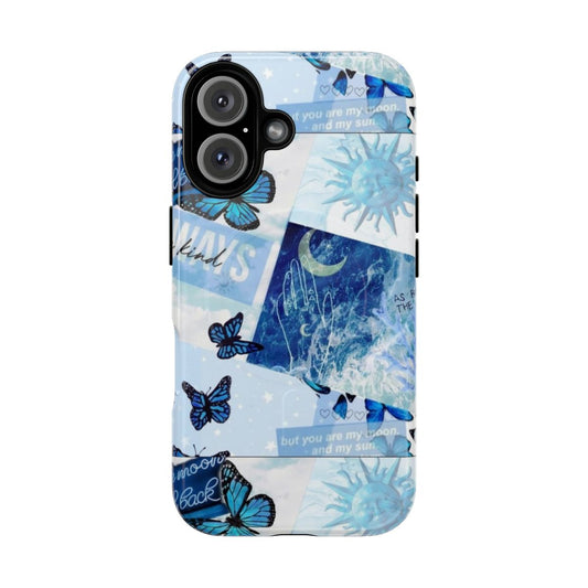 A blue phone case with a collage of aesthetic designs including butterflies, moon, sun, and other natural elements.