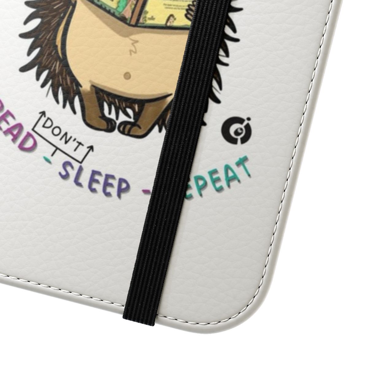 A flip cover phone case featuring a cute hedgehog character in a reading-inspired design. - Close Up