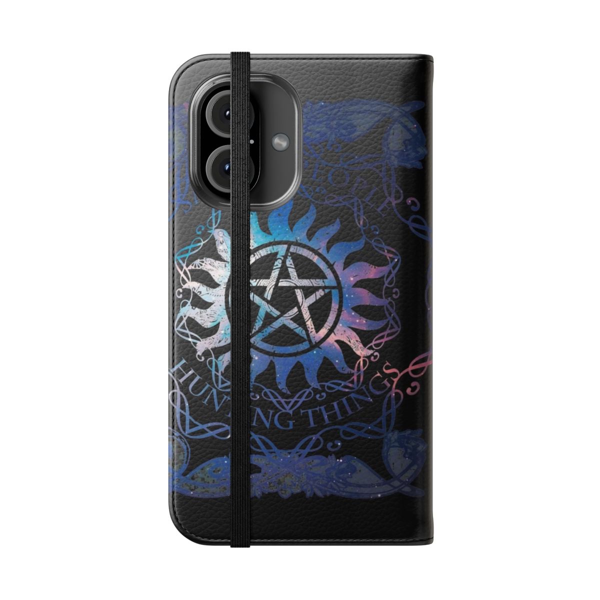 Supernatural-themed phone case with pentagram and anti-possession ward design - Folded Front