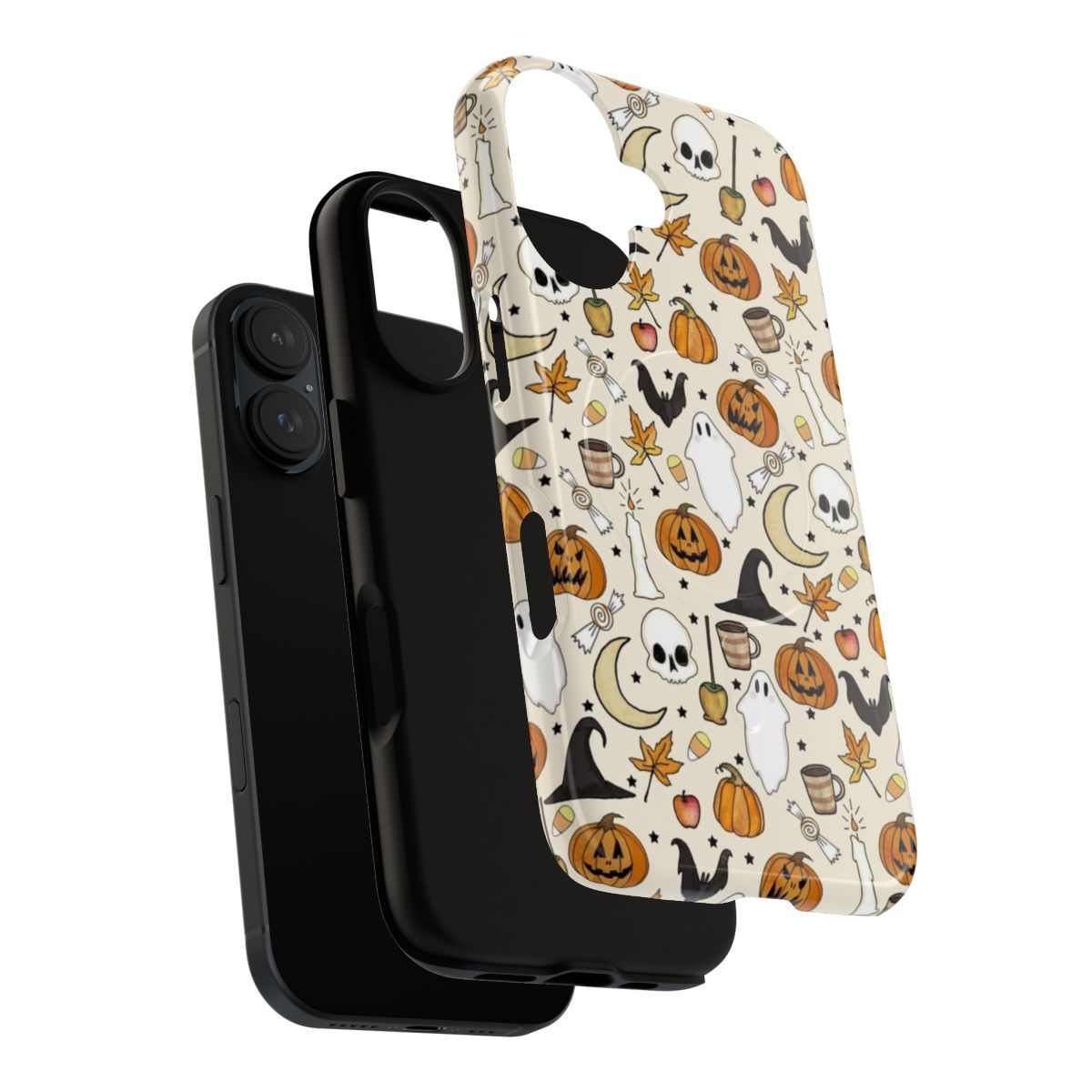 A phone case with a spooky, gothic halloween pattern in black and orange. - Layers