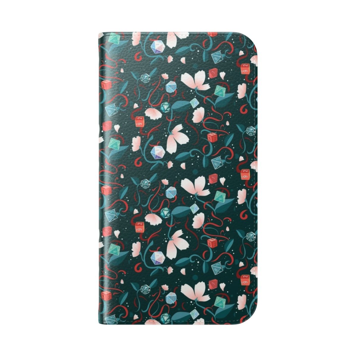 A blue and white phone case with a dice and floral pattern design - Folded Back