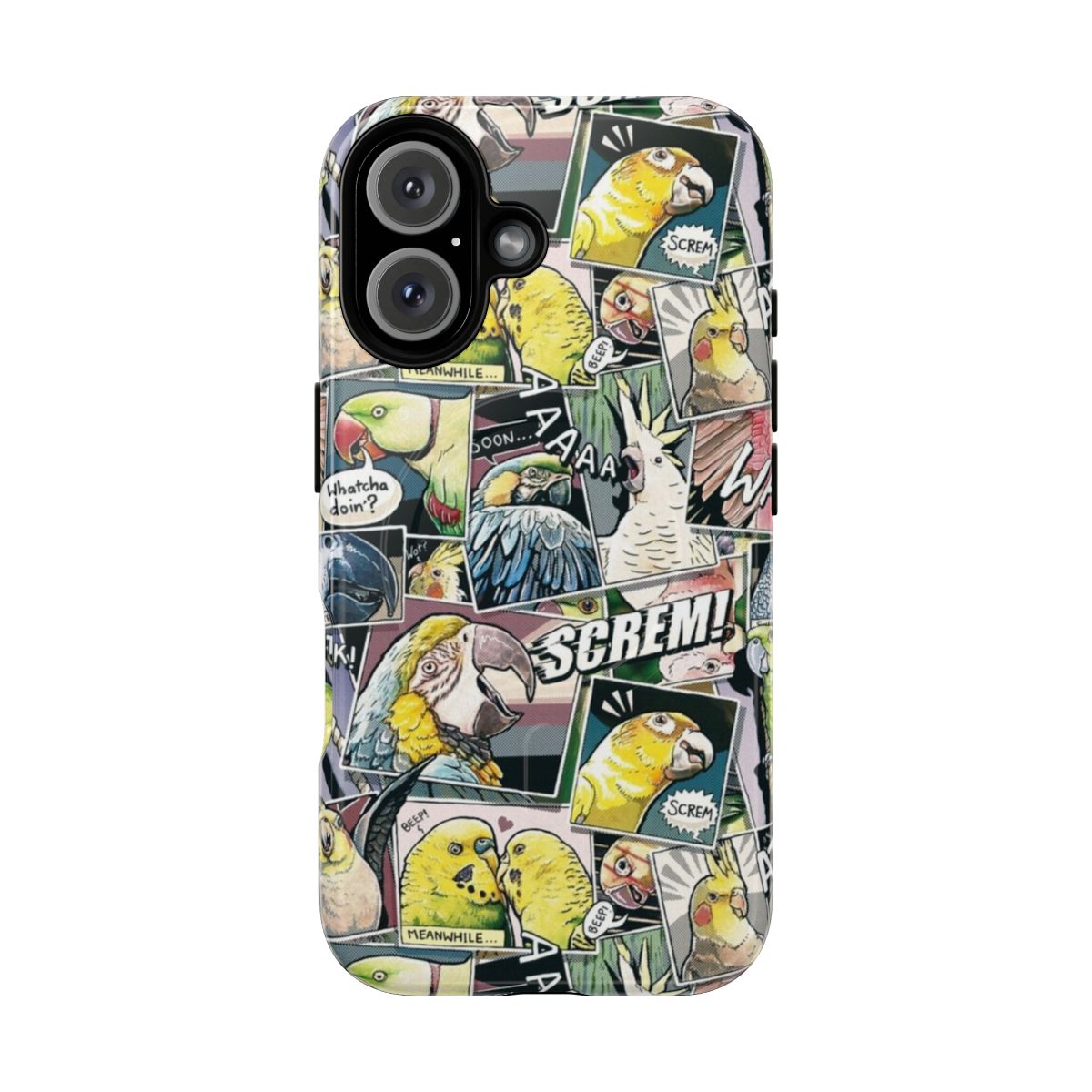 Colorful comic-style illustration of a parrot on a durable phone case