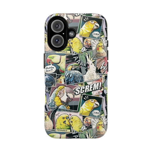 Colorful comic-style illustration of a parrot on a durable phone case