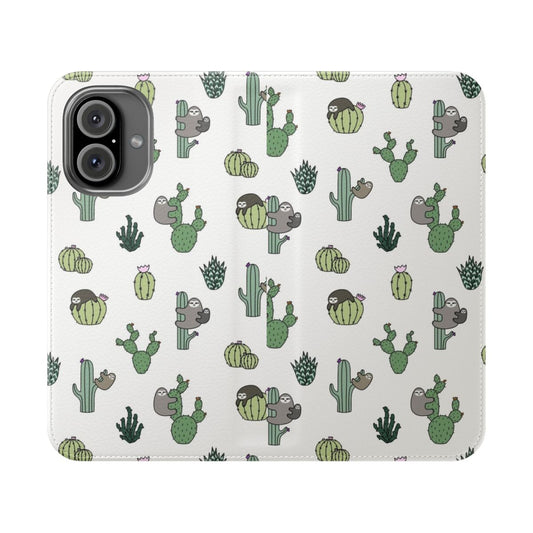 Colorful phone case design featuring playful sloths and patterned cacti