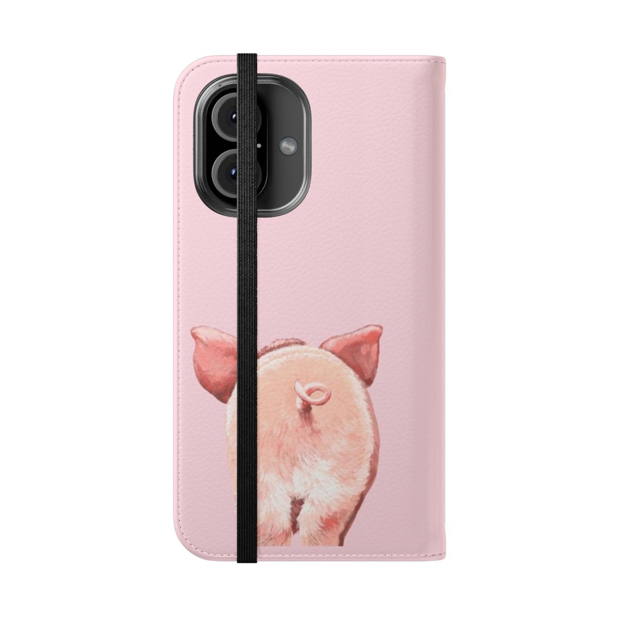 A pink phone case featuring a cute and adorable piglet with a big nose and curly tail. - Folded Front