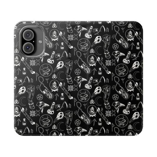 Flip cover phone case featuring a witchcraft-inspired design with gothic elements like skulls, ravens, and crystals.