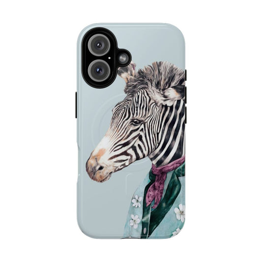 Blue and white zebra pattern phone case with magnetic closure for added protection