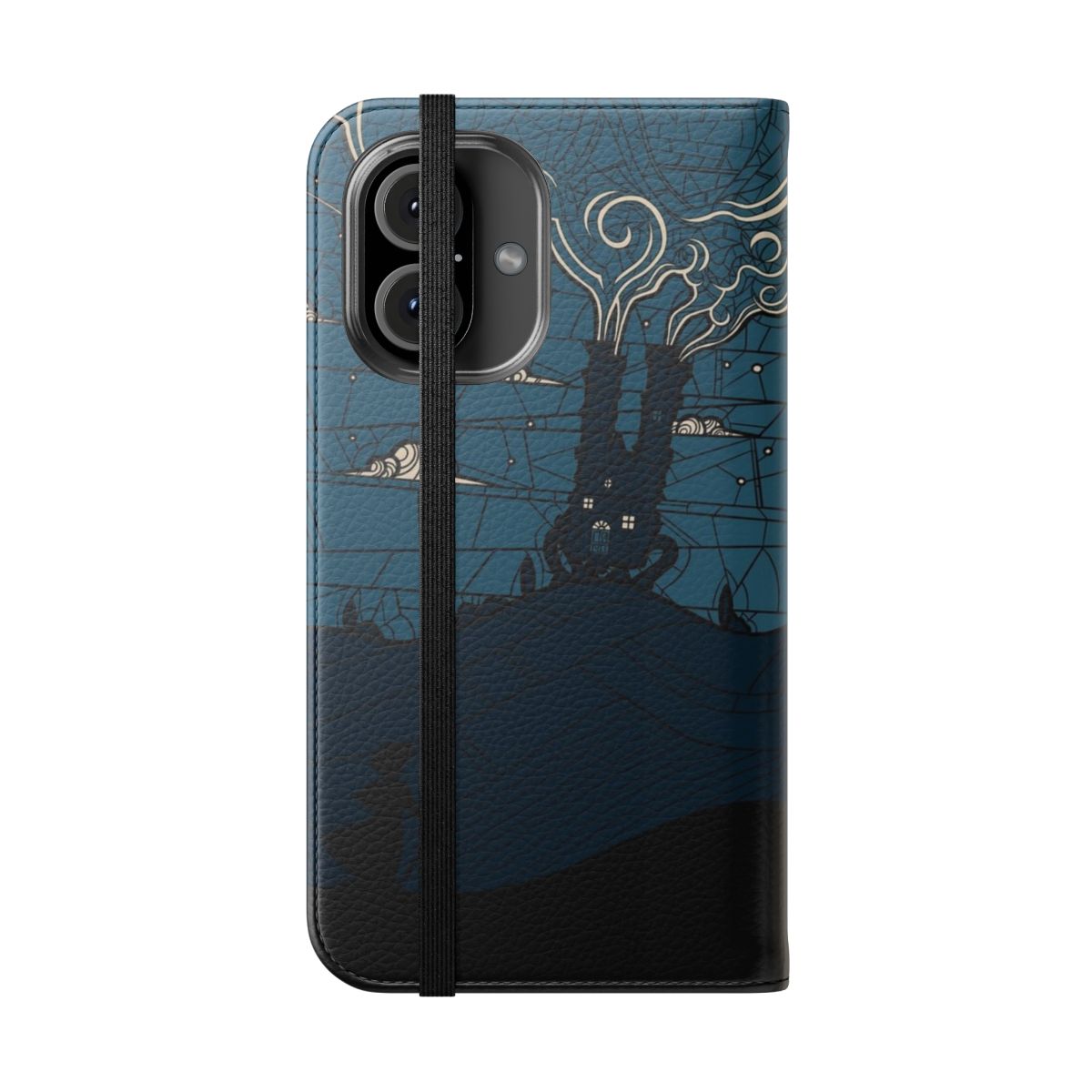 Anime-inspired fantasy phone case featuring a stained glass castle design against a cloudy blue sky - Folded Front