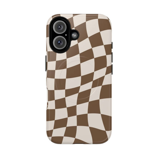 Brown and beige checkers pattern magnetic tough phone case with a vintage style checkerboard design.