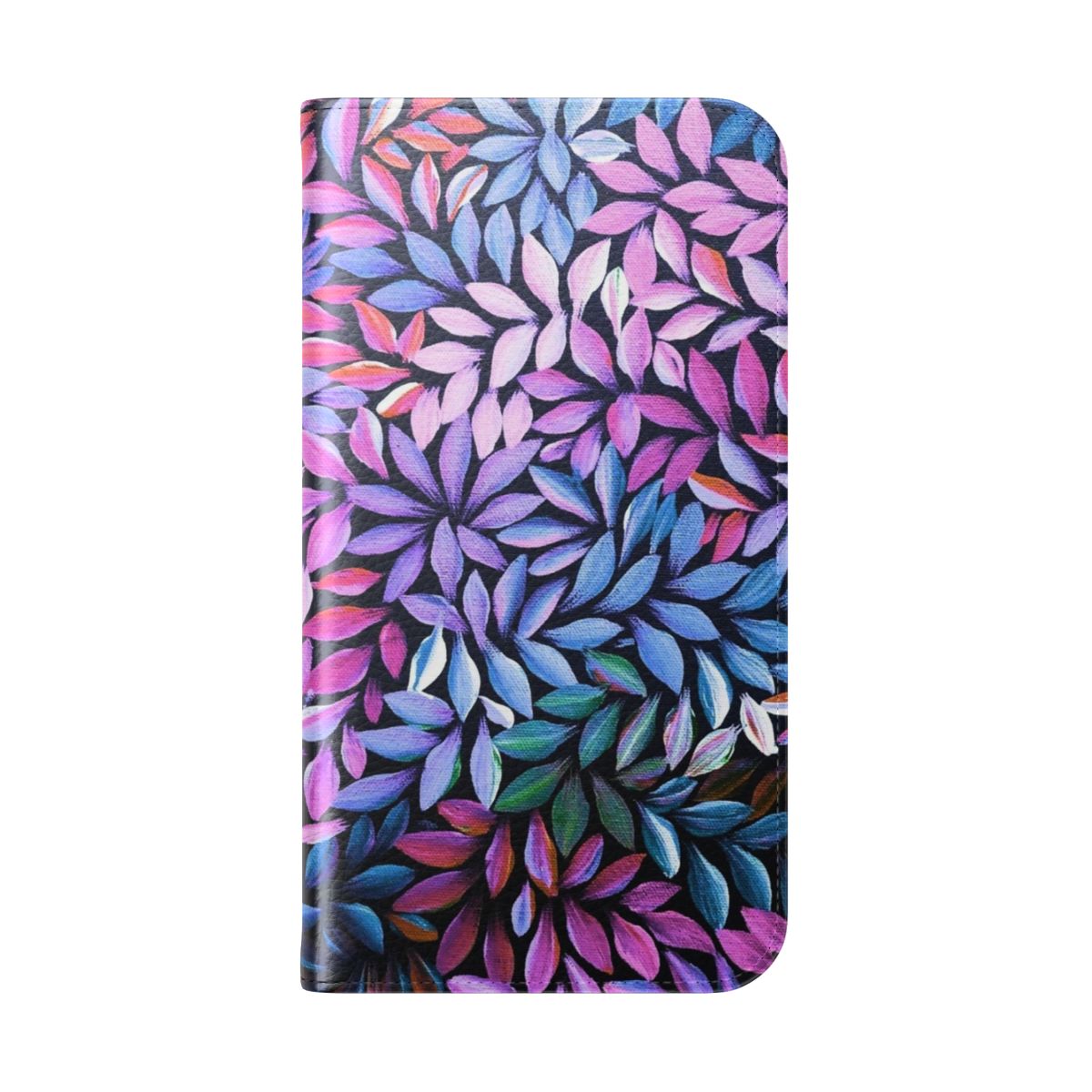 Flip cover phone case featuring a vibrant aboriginal art inspired pattern in pink, purple, and blue. - Folded Back