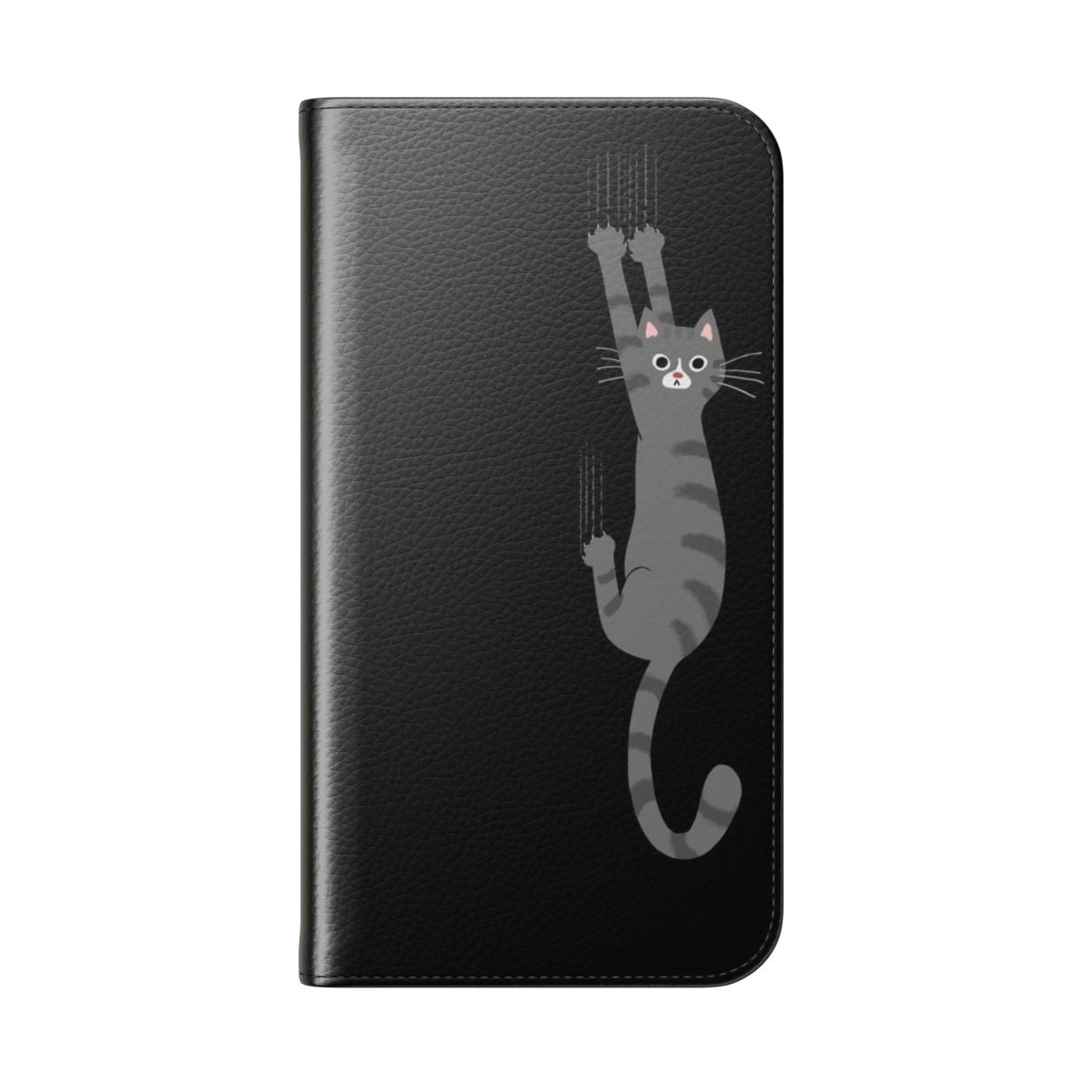 Illustration of a grey striped tabby cat hanging onto a phone case with its claws - Folded Back