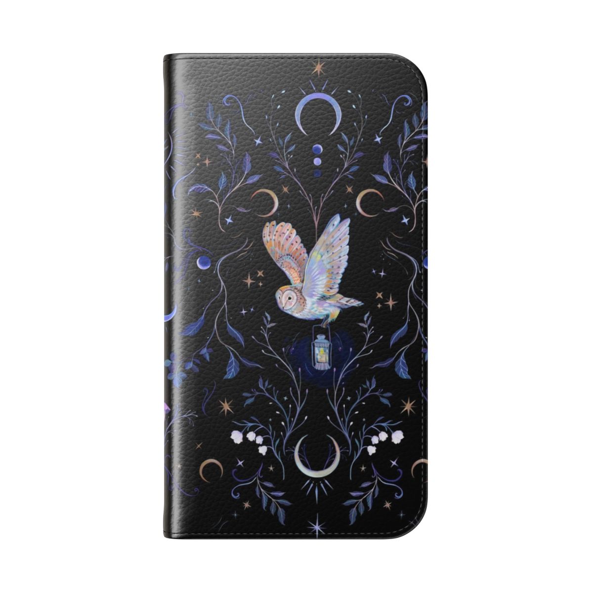 Whimsical phone case featuring a full moon, owl, and botanical elements - Folded Back