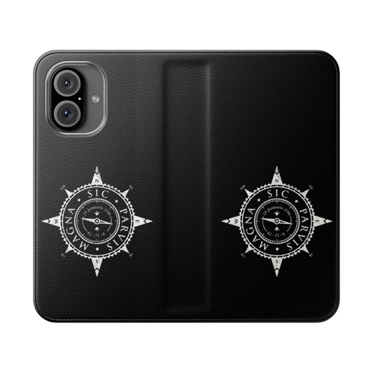 White flip phone case with compass and Latin text design, inspired by the Uncharted video game series.