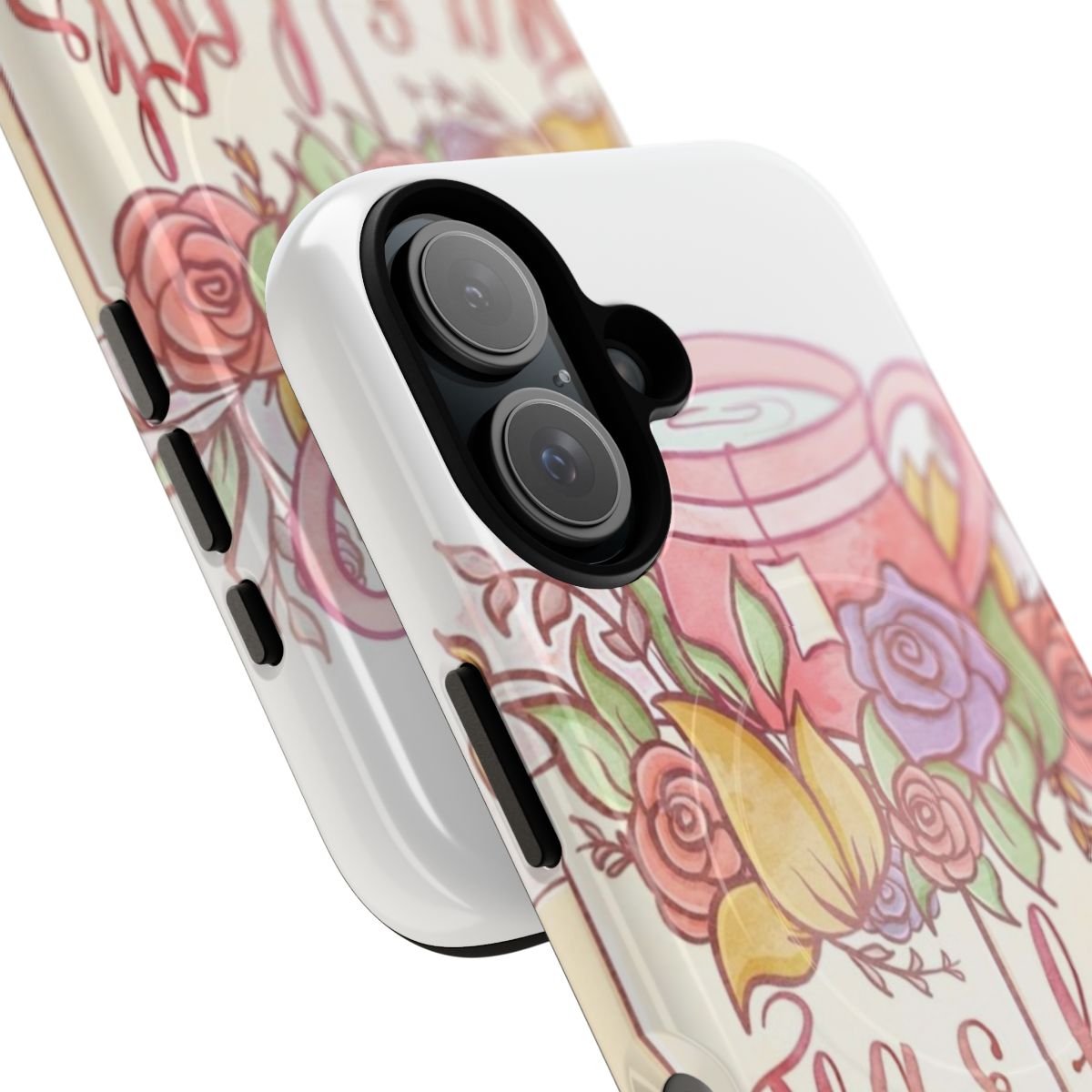 Magnetic tough phone case with a watercolor floral and typography design featuring the words "Tea & Books" - Detail