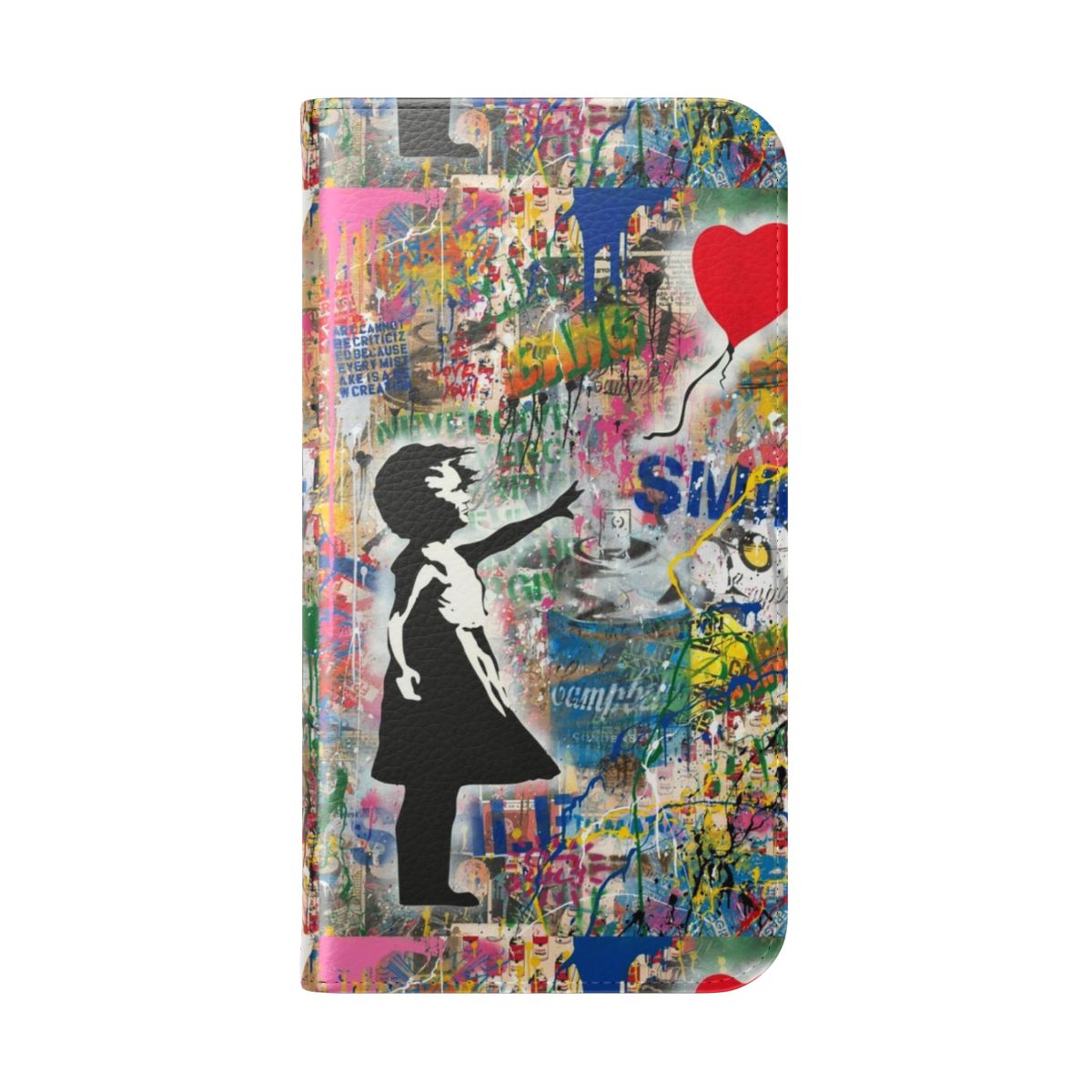 Artistic flip phone case with a mashup of urban contemporary street art styles, including stencil, spray paint and iconic imagery. - Folded Back