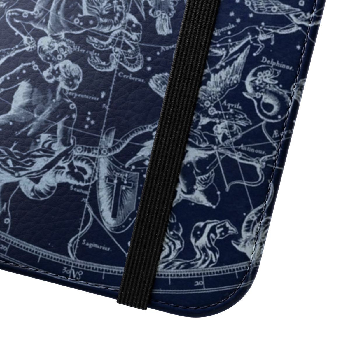 Vintage-style flip phone case featuring a celestial design with astrological signs and star constellations in a blue and white color scheme. - Close Up