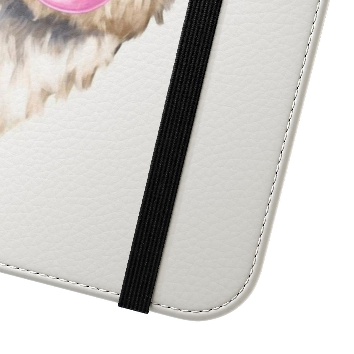 Whimsical watercolor illustration of a llama blowing a bubble with bubblegum on a phone case - Close Up