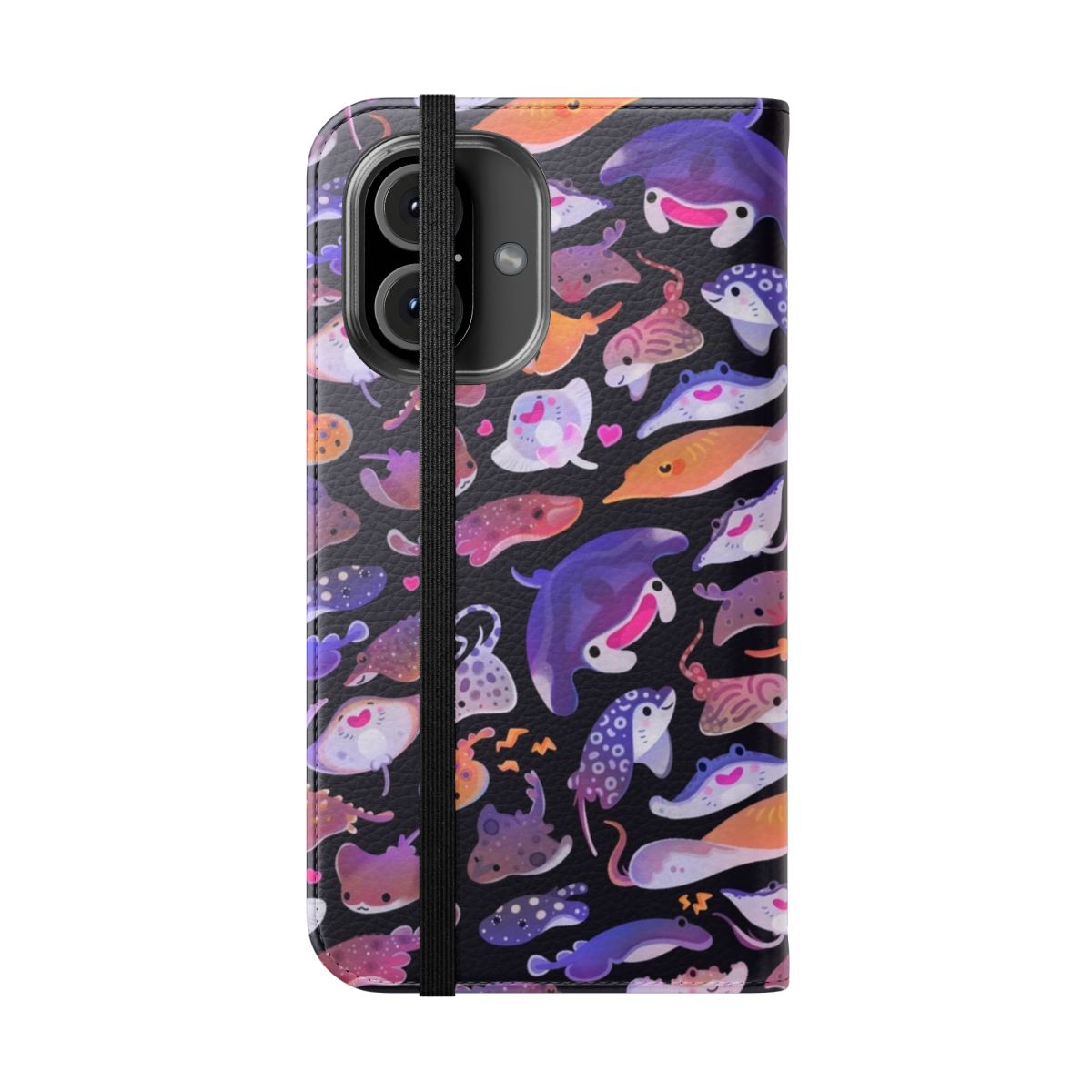 A vibrant flip cover phone case featuring a colorful ray design - Folded Front