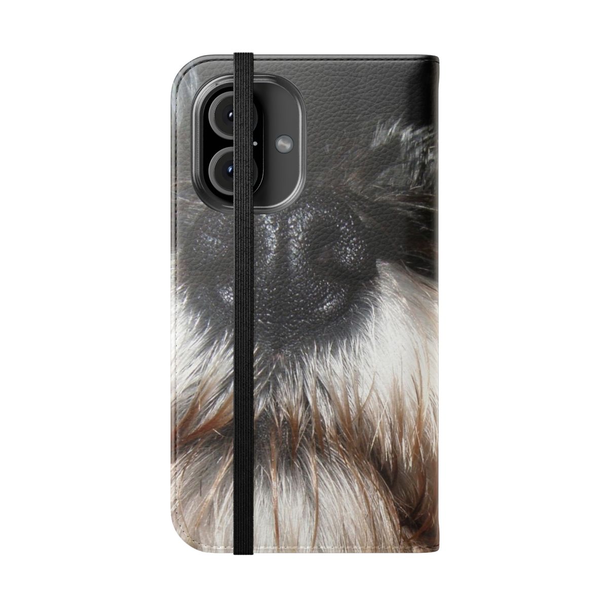 A flip phone case with a close-up image of a schnauzer dog's nose - Folded Front