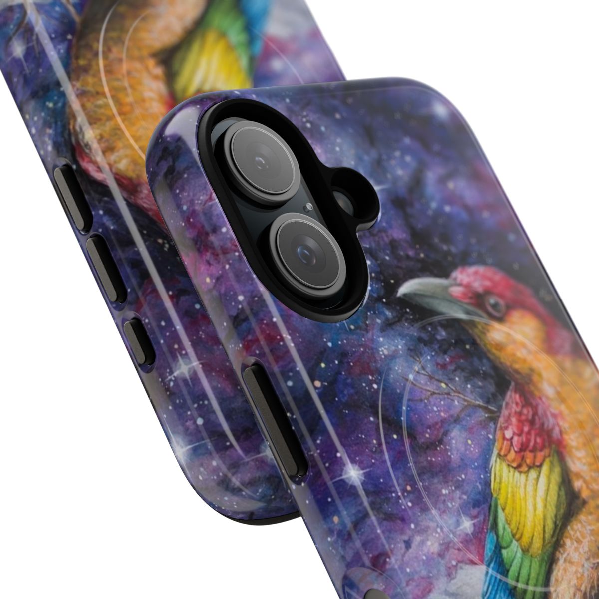 Colorful phone case featuring a majestic rainbow crow in a galaxy background - Detail