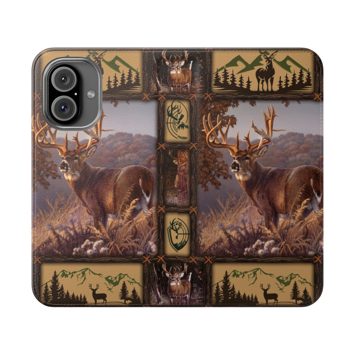 Deer hunting inspired camo quilt pattern flip phone case with buck head design