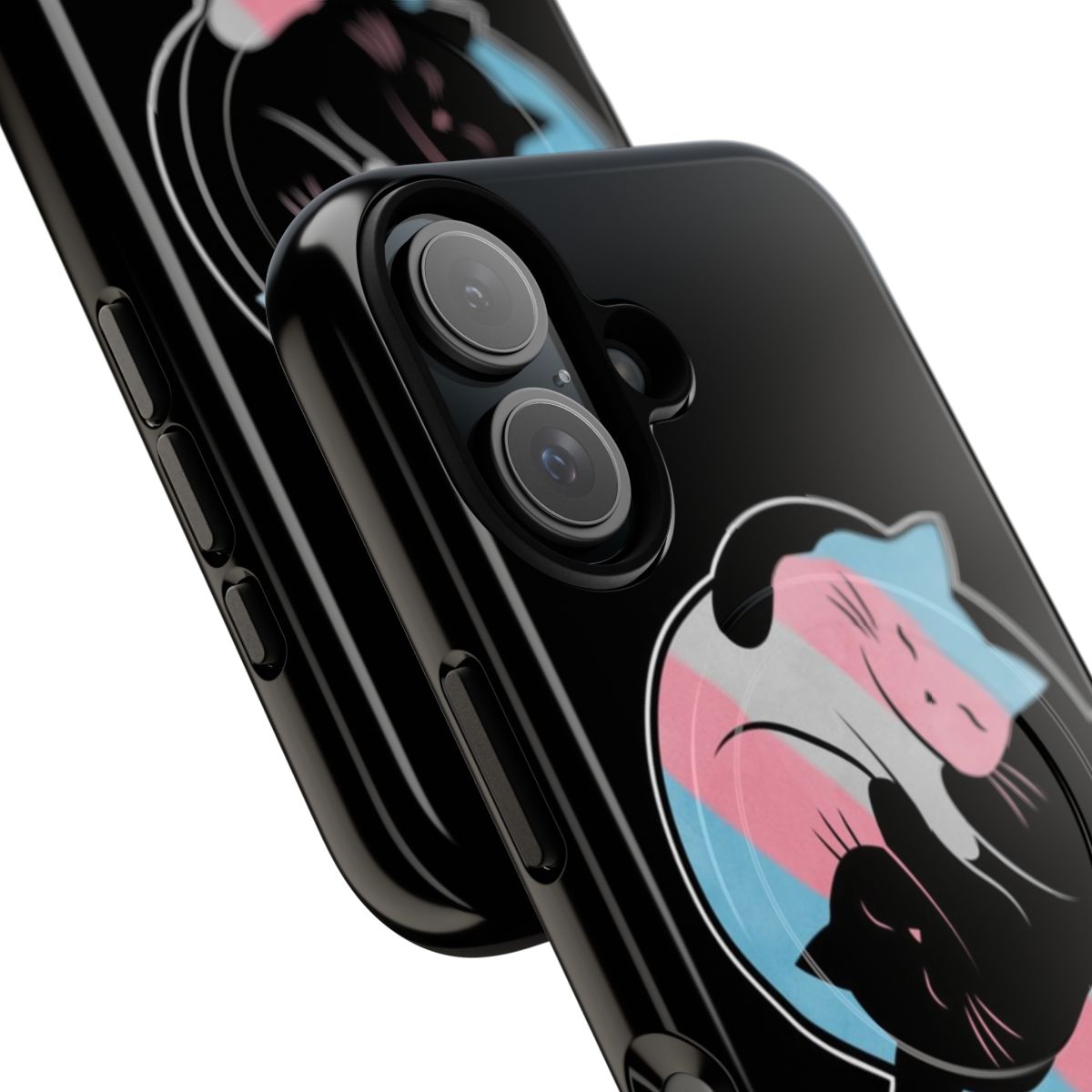 A magnetic protective phone case featuring a yin yang cat design in transgender pride colors. - Detail