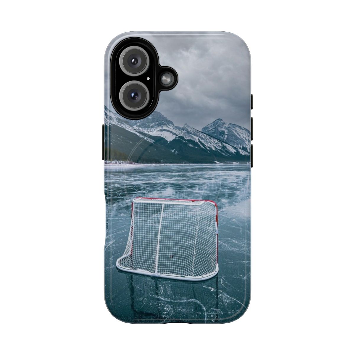 Magnetic phone case with an outdoor rink and hockey theme design