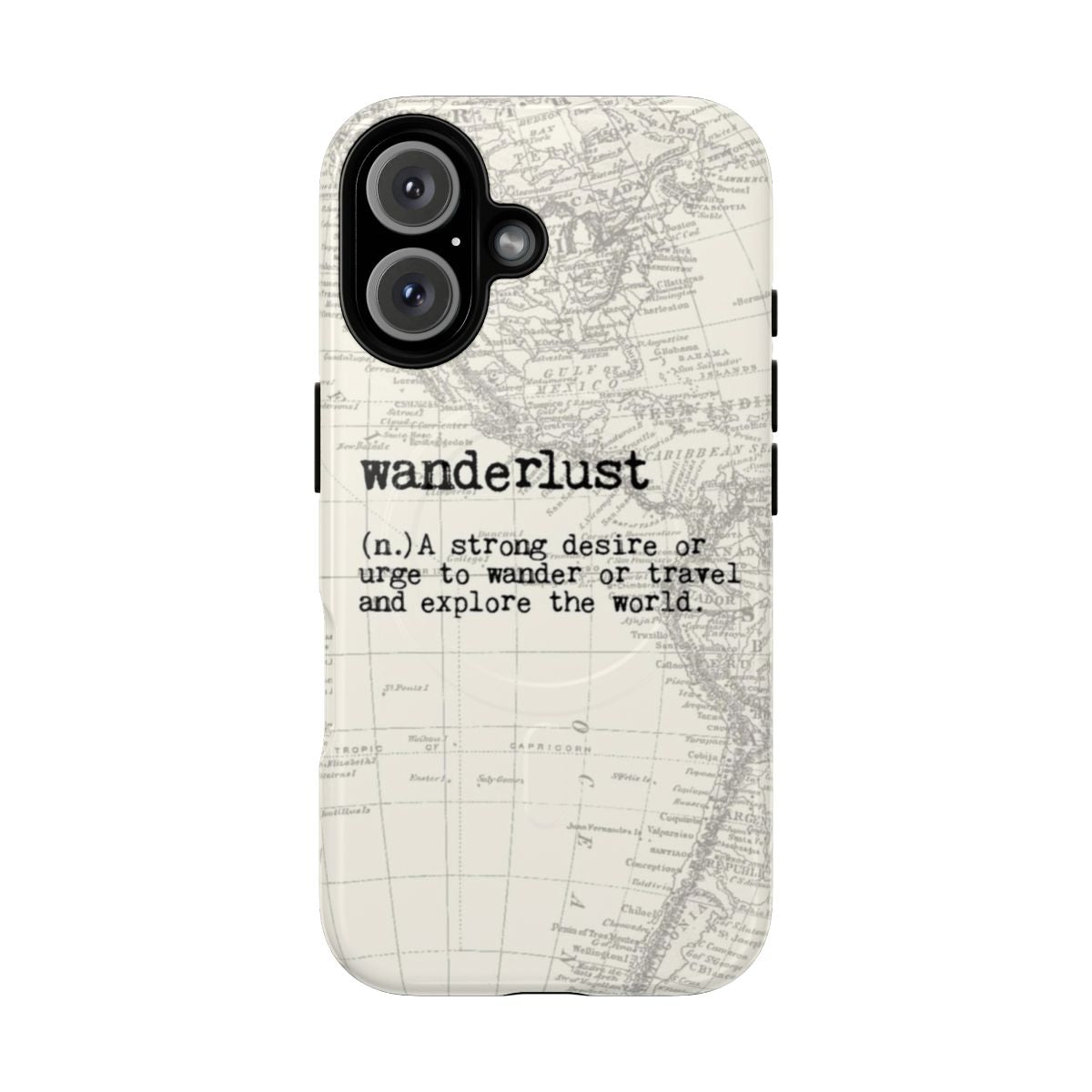 Vintage-style world map graphic phone case with magnetic closure