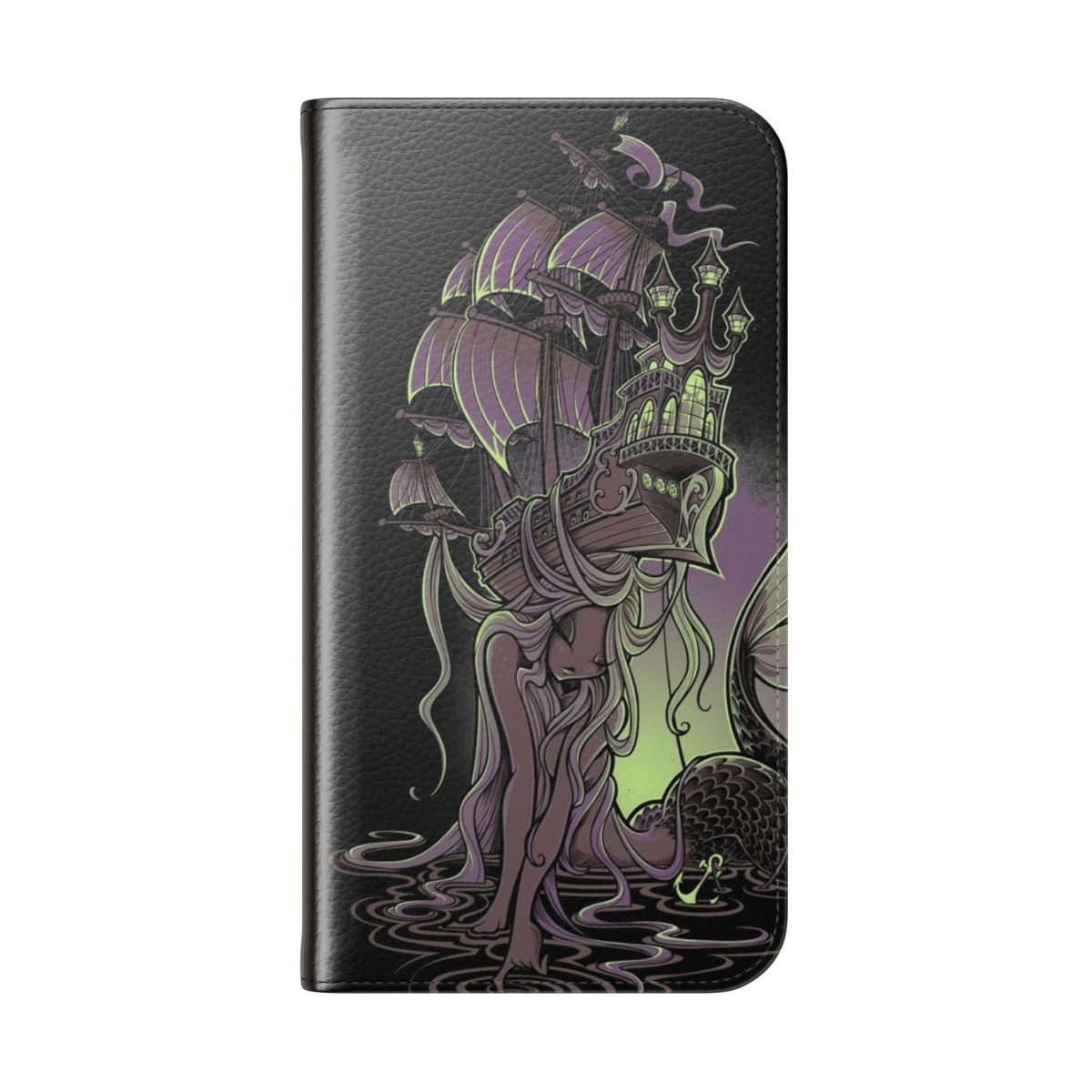 Colorful flip phone case featuring a mermaid and ship design against an ocean sunset background - Folded Back