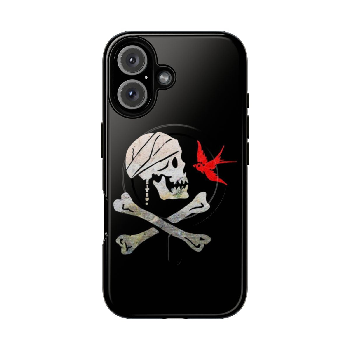 Pirate-themed phone case with Jolly Roger skull and flag design