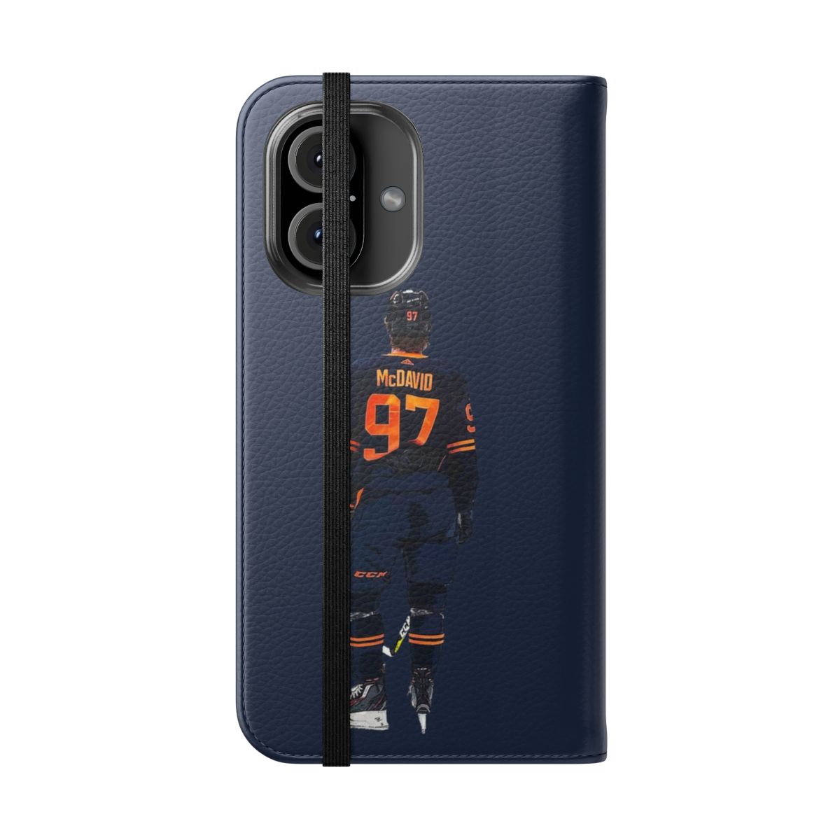 Oilers-inspired flip phone case with team colors and logo - Folded Front