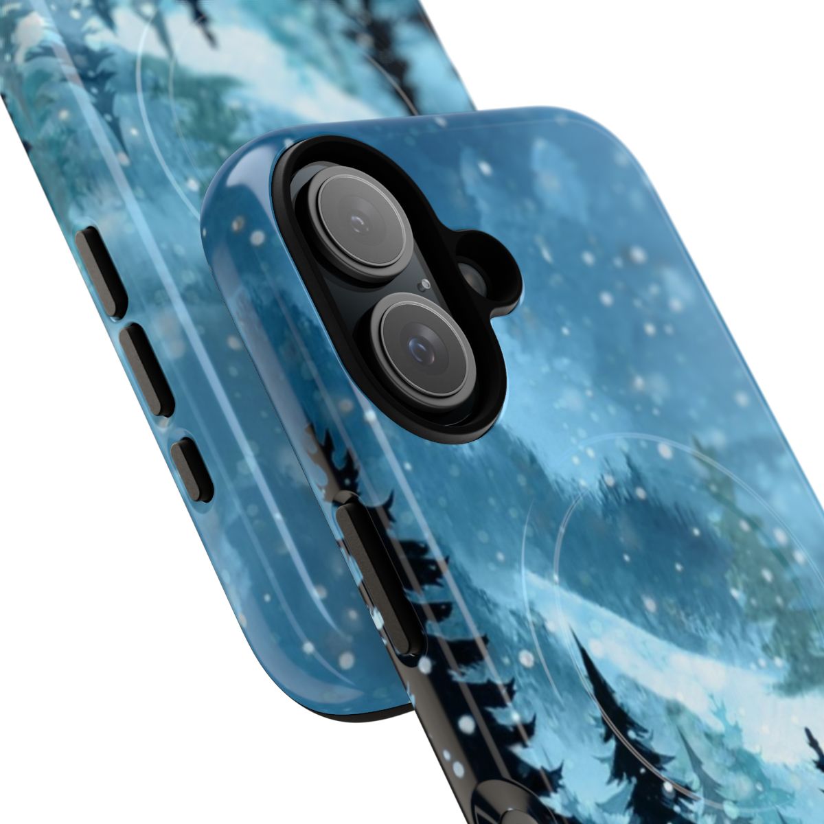 Watercolor winter landscape phone case with snow, mountains, and pine trees - Detail