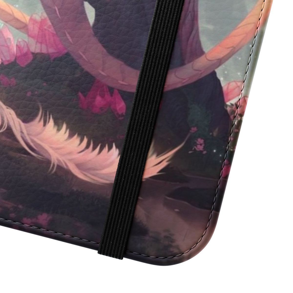 Flip cover phone case featuring a mystical dragon and cherry blossoms in a serene nature setting - Close Up