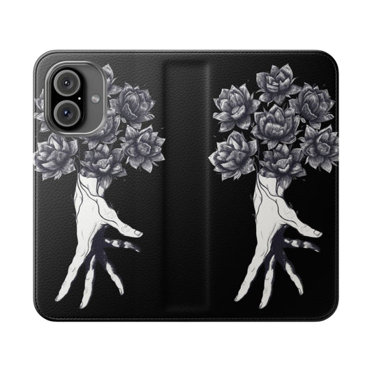 Minimalist hand silhouette with lotus flowers on black phone case